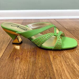 Annie Kitten Heel Open Toe Sandals Womens 8.5M Green Retro Studded 2.25"